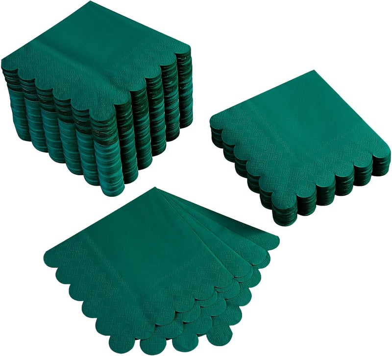 BEFORYOU 100 Pack Cocktail Napkin 2-Ply Scalloped Edged Dessert Napkins Folded 5 x 5 Inches Disposable Napkins for Dinner Wedding Birthday Party Bridal Anniversary Reception Event (Dark Green) - Image 1